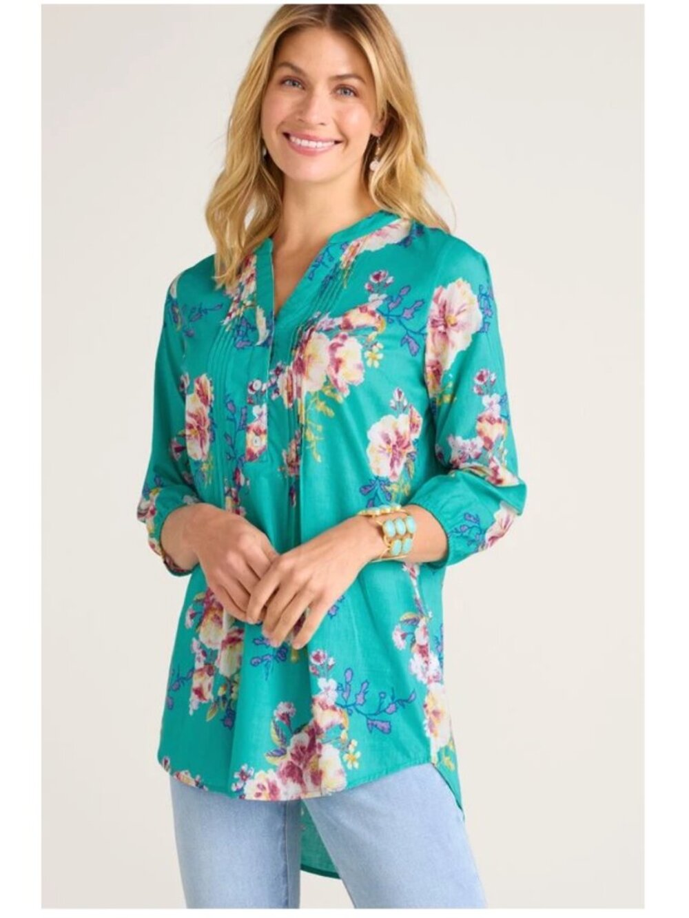 SOFT SURROUNDINGS Flroal Printed Tunic Top in Teal Garden Size L